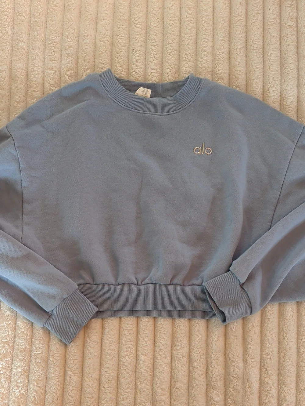 Alo Accolade Cropped Crewneck Sweatshirt in Dusty Blue - Picture 1 of 3
